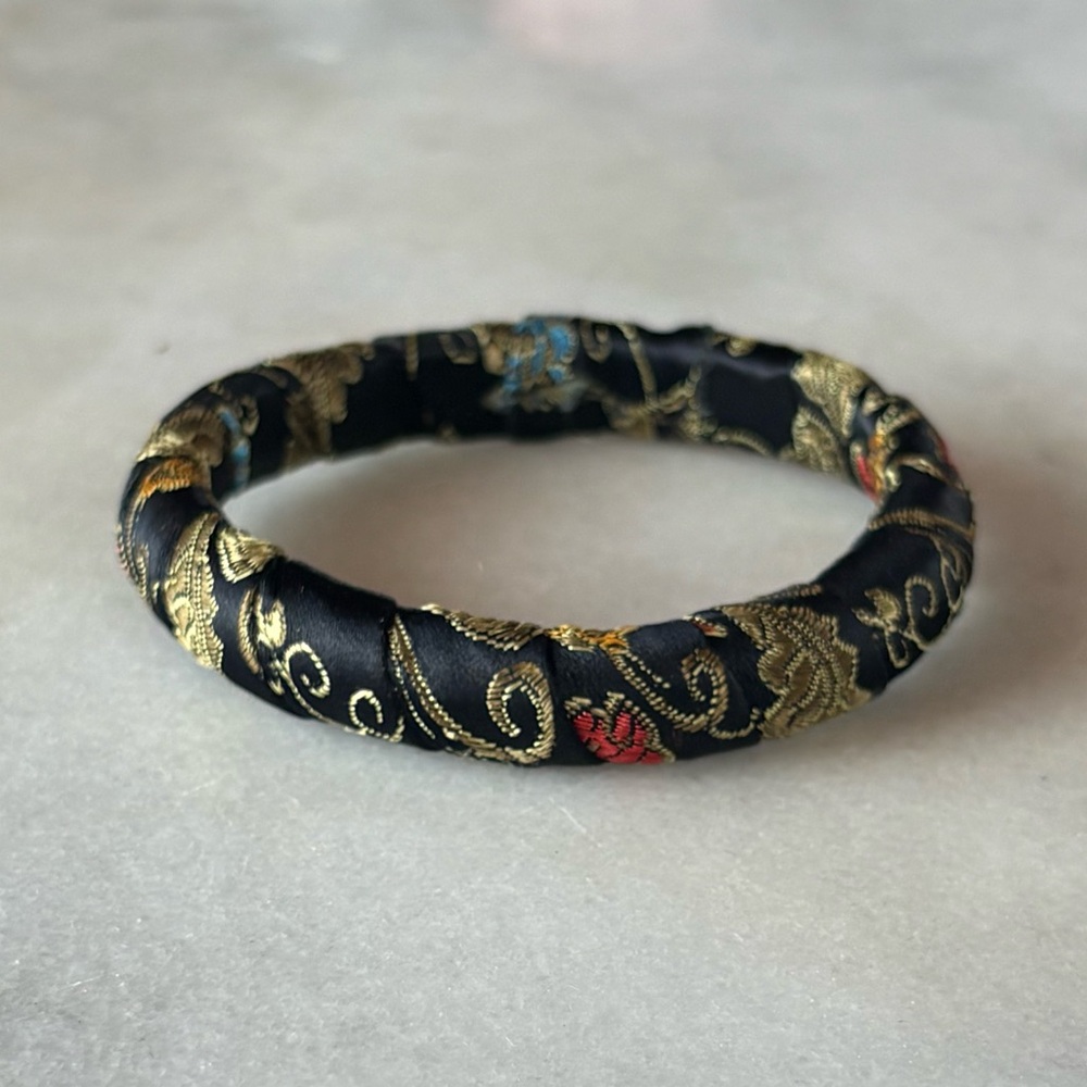 Vintage Fabric Wrapped Black, Red and Gold Women's Bangle